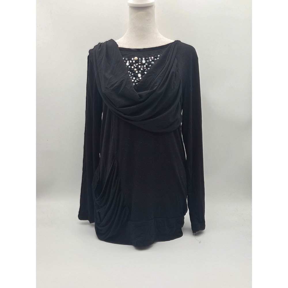 Panitti Women's Small Black Rhinestone Cowl Neck Long Sleeve Top 101-701